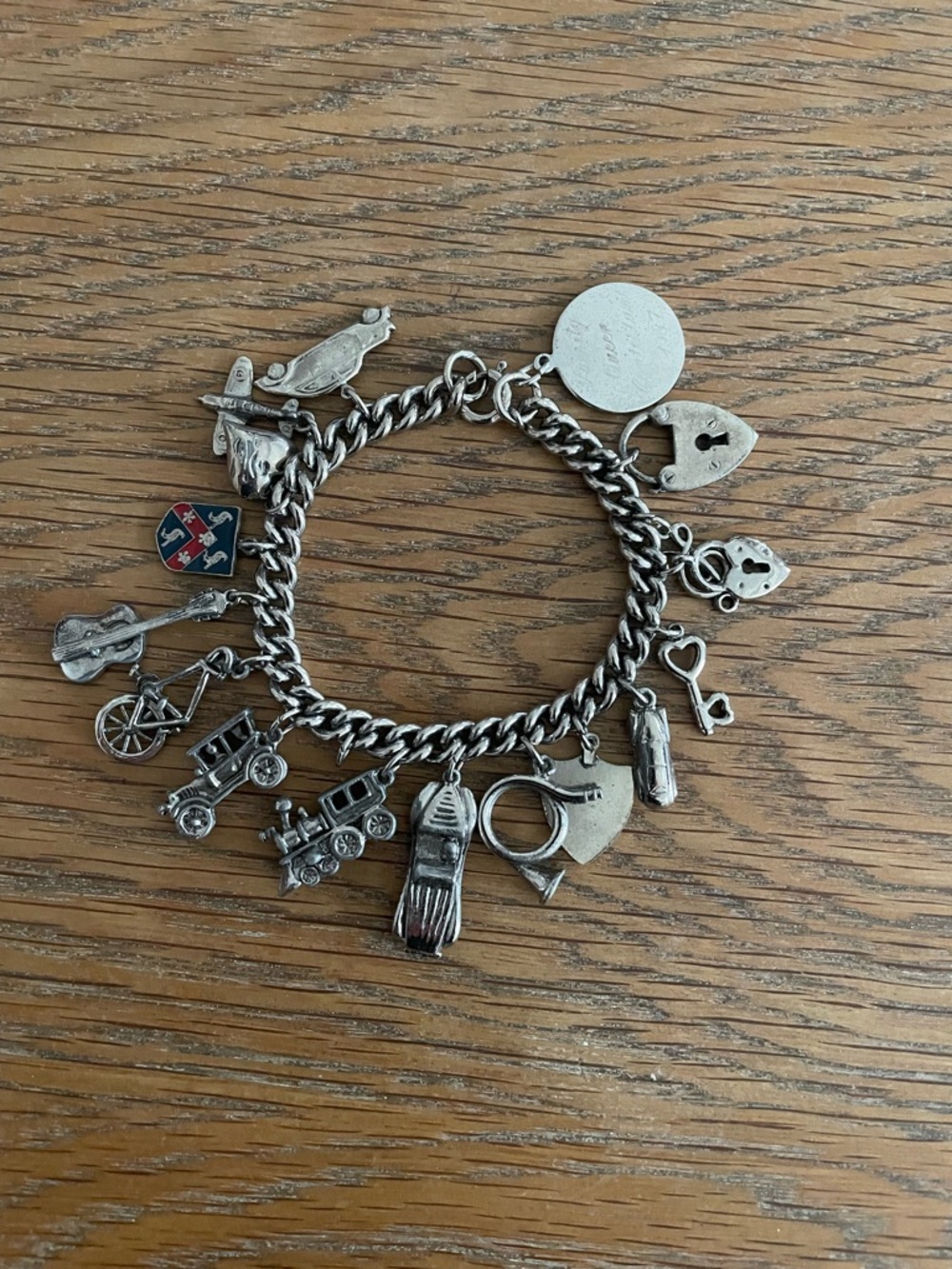 Vintage Silver Charm Bracelet with Train, Bicycle & Key Charms